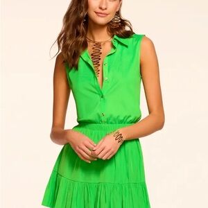 Ramy Brook Lime Green Sleeveless Tiered Mini Dress XL Ribbed Button Front